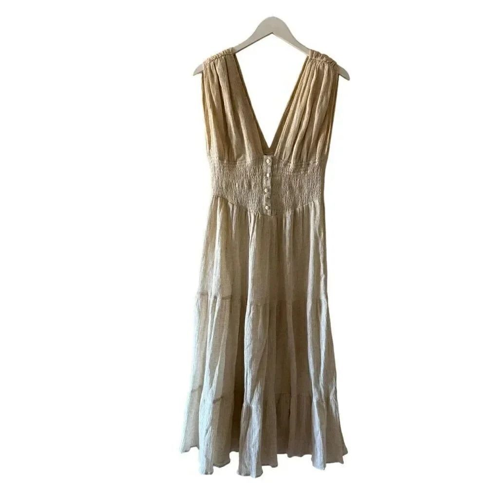 ASOS  Design Midi Dress Shirred Waist Button Front Tiered Cotton SZ 4# 2096